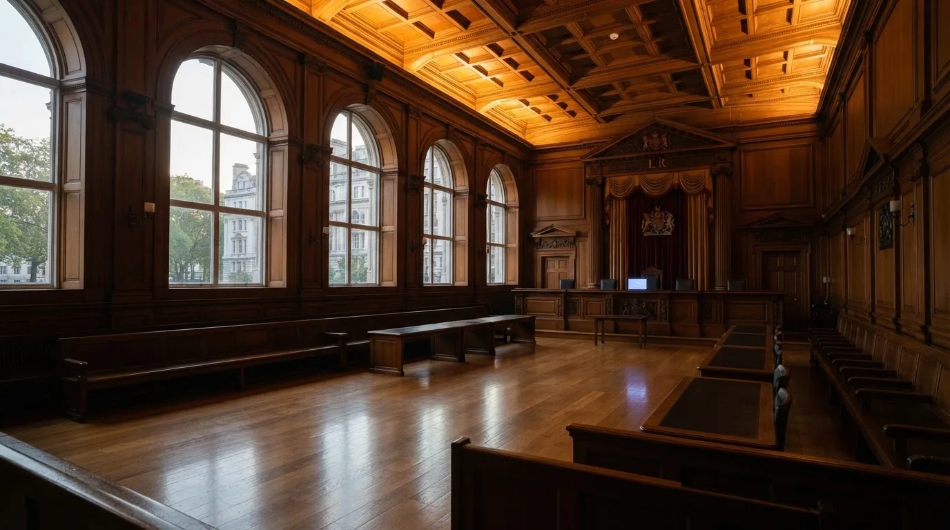 Sala de tribunal vazia com painéis de madeira, à luz da manhã — como jogar em casino pt