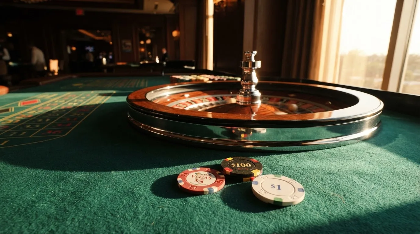Roda de roleta e fichas sobre feltro verde, sob uma luz quente de fim de tarde — como jogar em casino pt