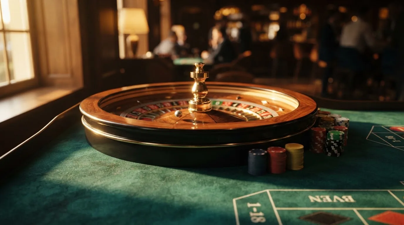 Roda de roleta e fichas sobre feltro verde, sob uma luz quente de fim de tarde — guias de casino para os portugueses