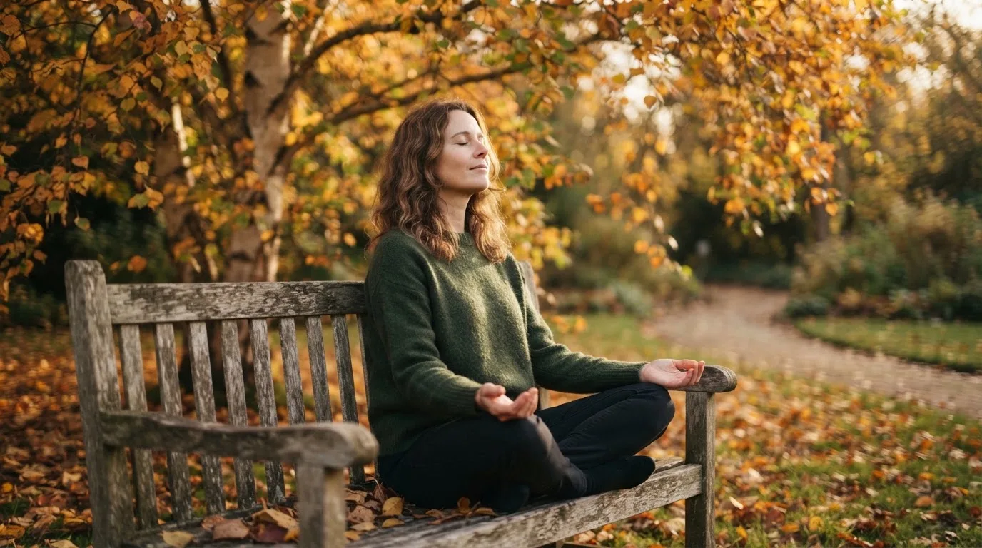 Mulher sentada num banco de jardim a respirar fundo de olhos fechados, com folhas de outono ao redor e luz suave.