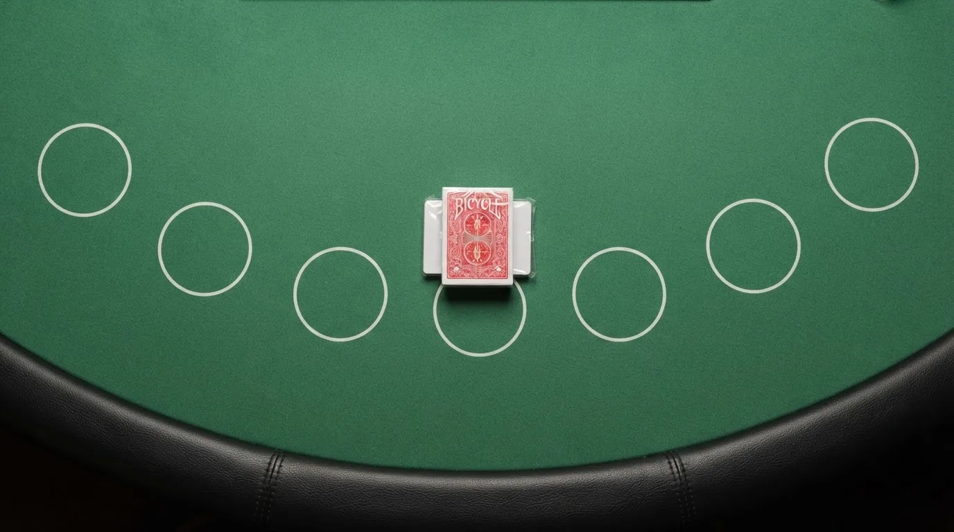 Mesa de casino vista de cima com feltro verde, círculos de apostas vazios e um baralho no centro, iluminação uniforme.