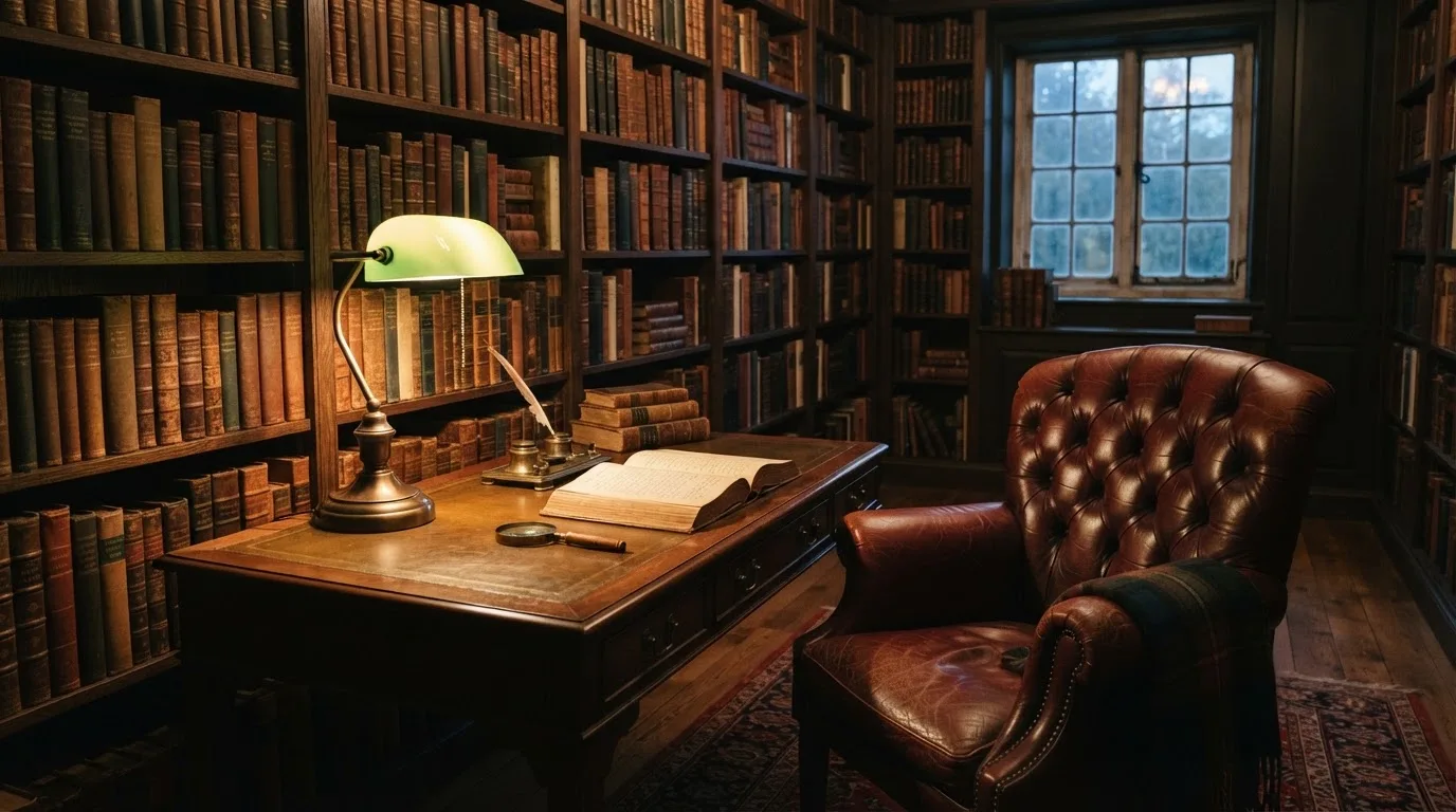 Candeeiro de bronze e cadeira de couro numa sala de biblioteca antiga, luz dourada, sem pessoas.