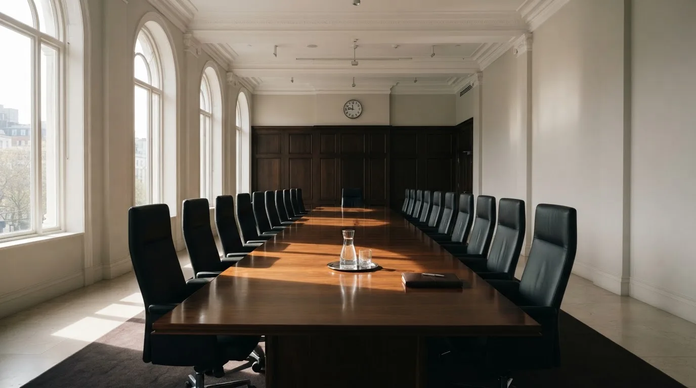 Sala de reuniões de um organismo público com mesa comprida, cadeiras alinhadas e janelas altas, sem pessoas, luz de manhã.