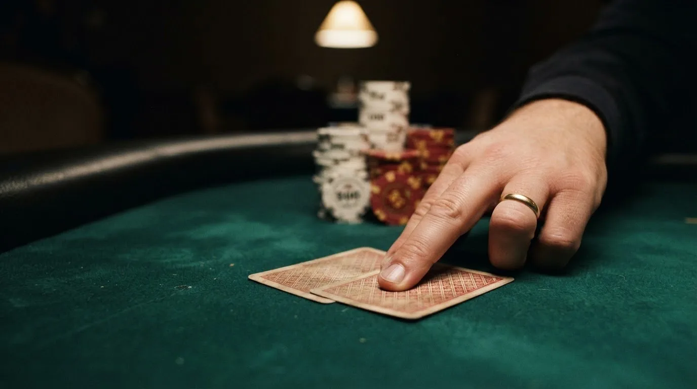 Mãos a espreitar duas cartas viradas para baixo numa mesa de feltro verde, com pilhas de fichas desfocadas ao lado.