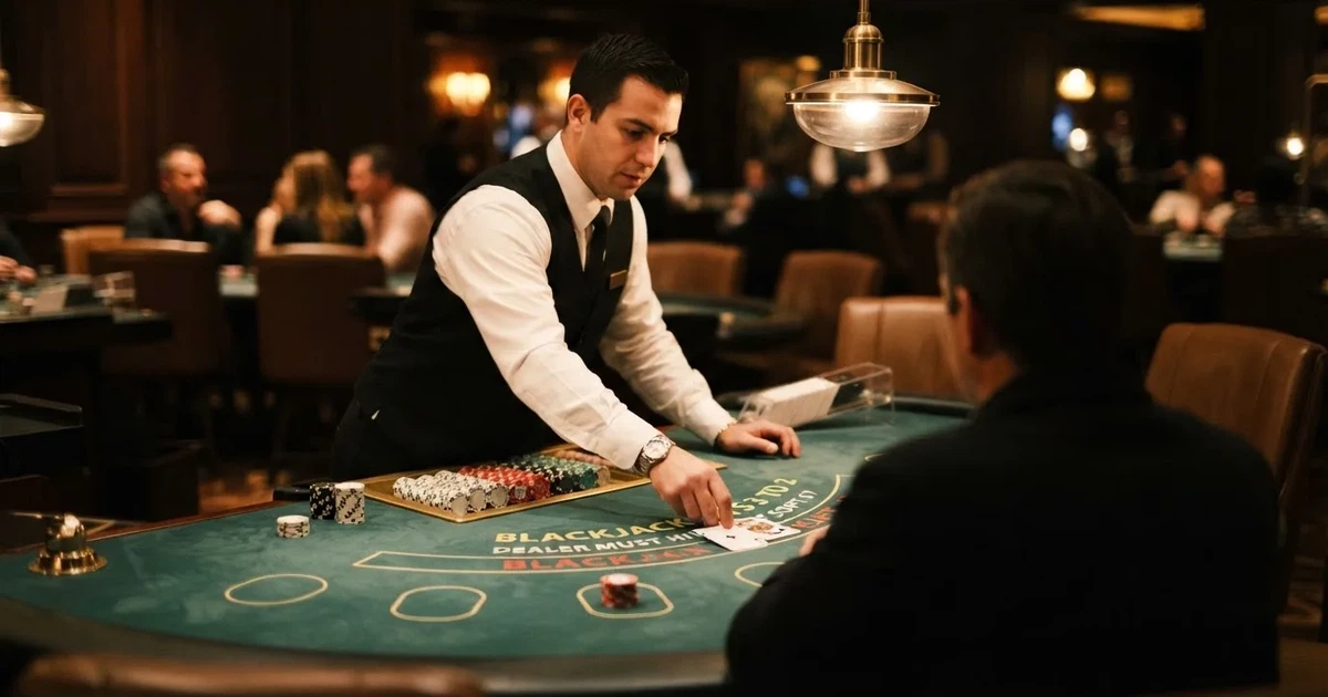 Croupier de colete preto a distribuir cartas numa mesa de blackjack semicircular, feltro verde, fichas empilhadas e iluminação baixa.
