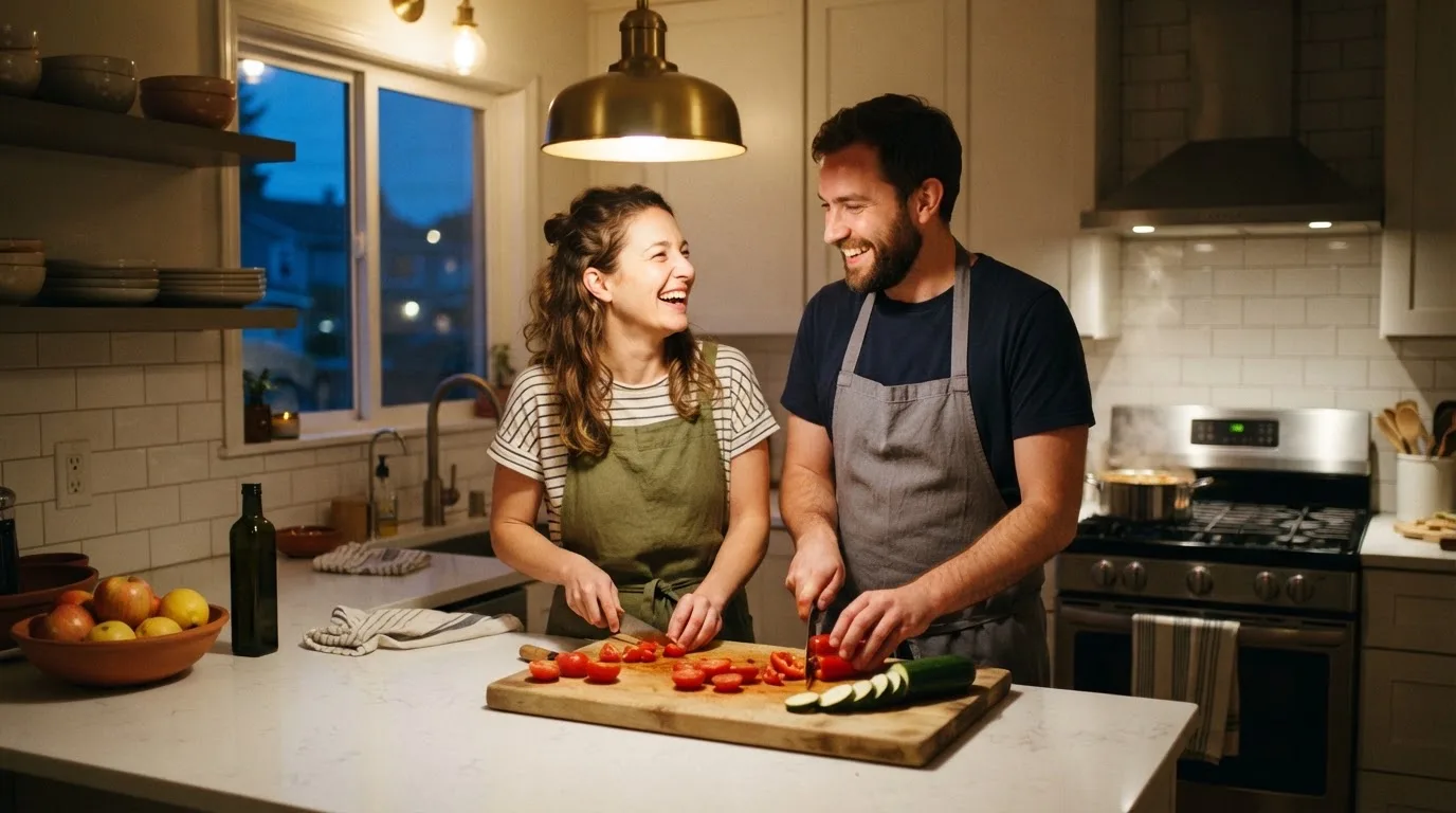 Casal a preparar o jantar na cozinha, a rir, com legumes sobre a bancada e luz quente ao fim do dia.