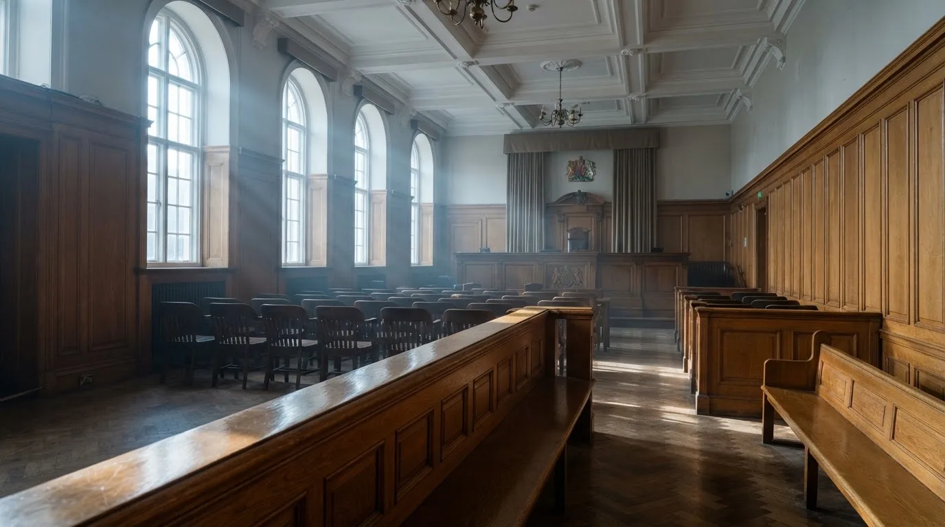 Sala de tribunal vazia com painéis de madeira, à luz da manhã — jogar no casino em portugal