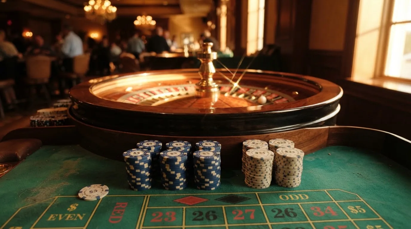 Roda de roleta e fichas sobre feltro verde, sob uma luz quente de fim de tarde — jogar no casino em portugal