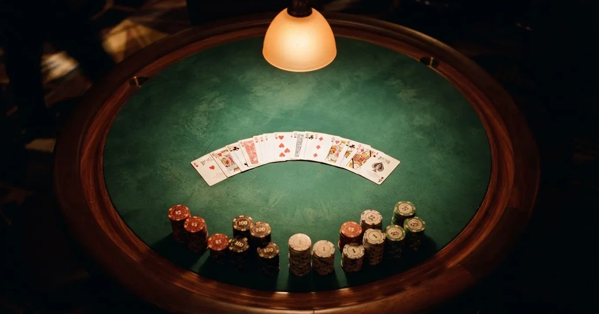 Mesa de jogo iluminada com cartas, vista de cima — jogar no casino em portugal