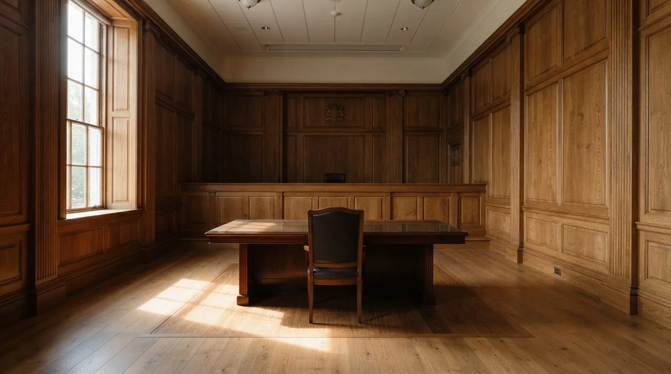 Sala de tribunal vazia com painéis de madeira, à luz da manhã — jogo de craps em portugal