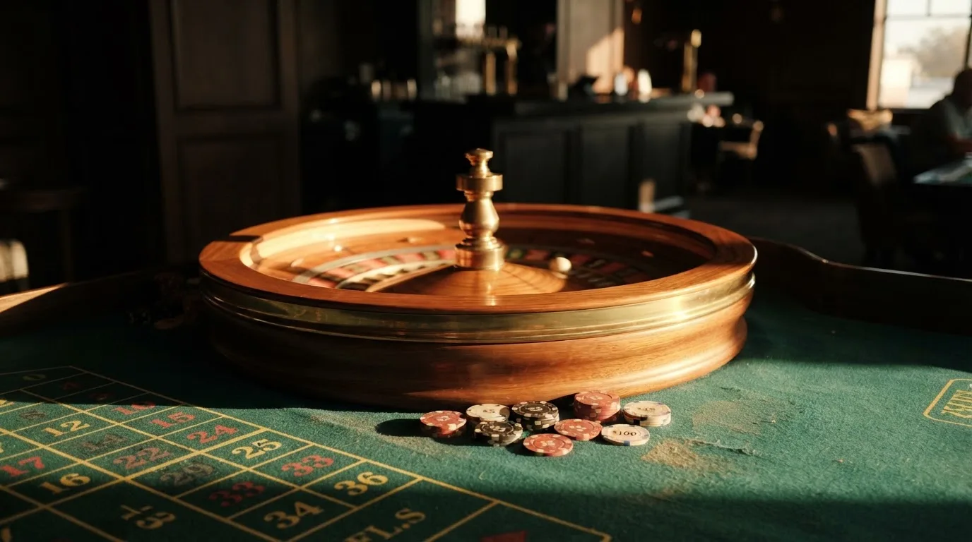 Roda de roleta e fichas sobre feltro verde, sob uma luz quente de fim de tarde — jogo de craps em portugal