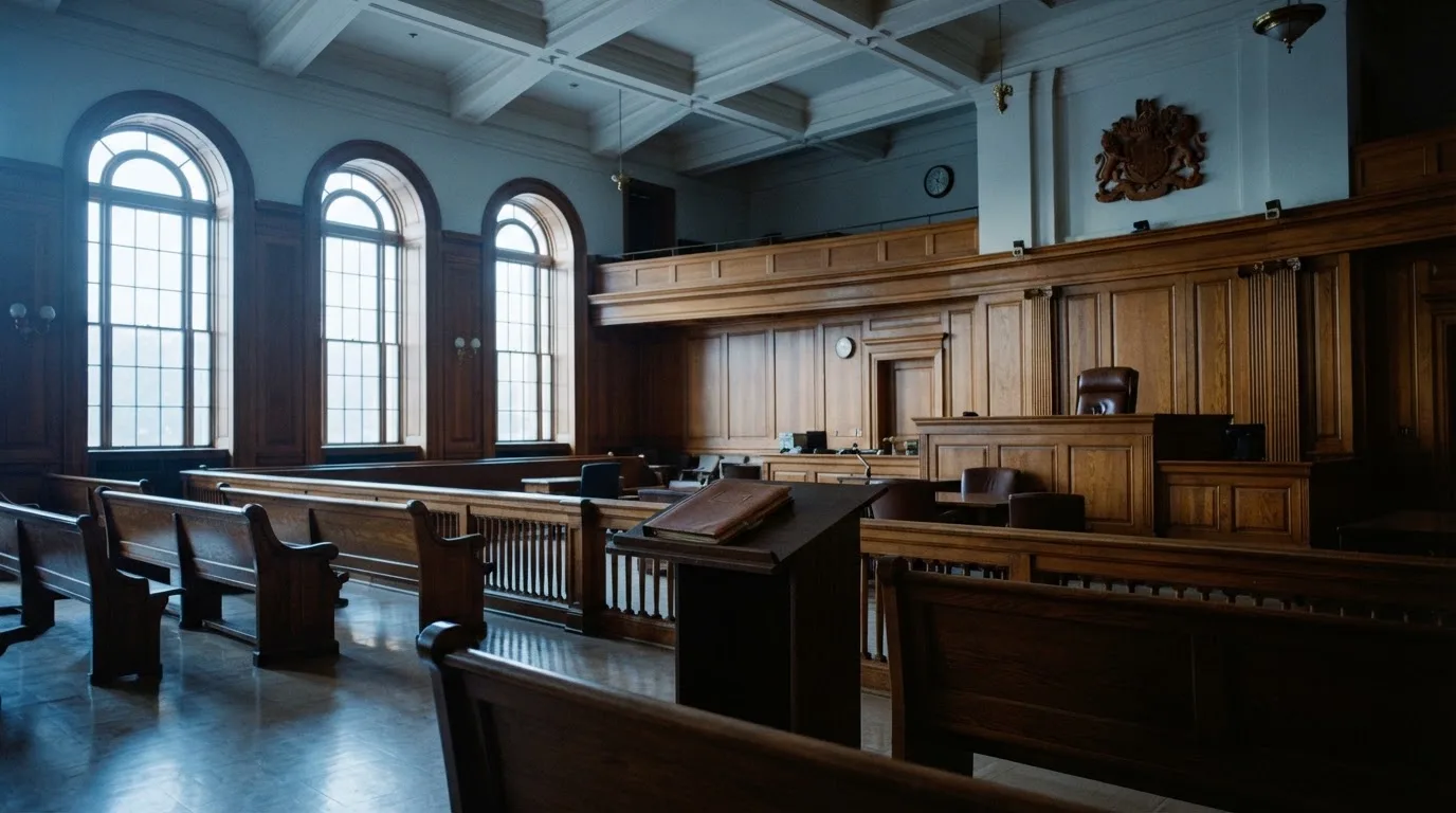 Sala de tribunal vazia com painéis de madeira, à luz da manhã — jogos de caça-níqueis em portugal