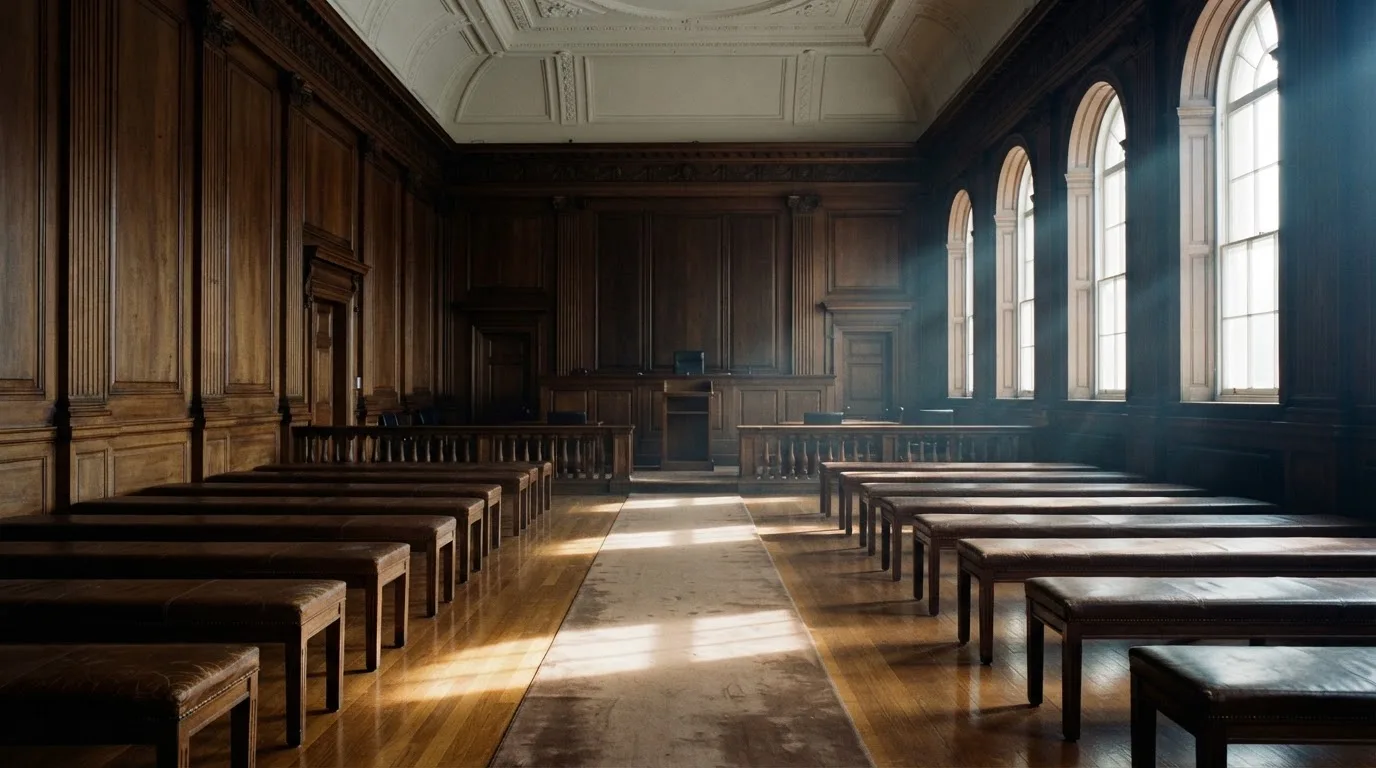 Sala de tribunal vazia com painéis de madeira, à luz da manhã — jogos de casino em portugal