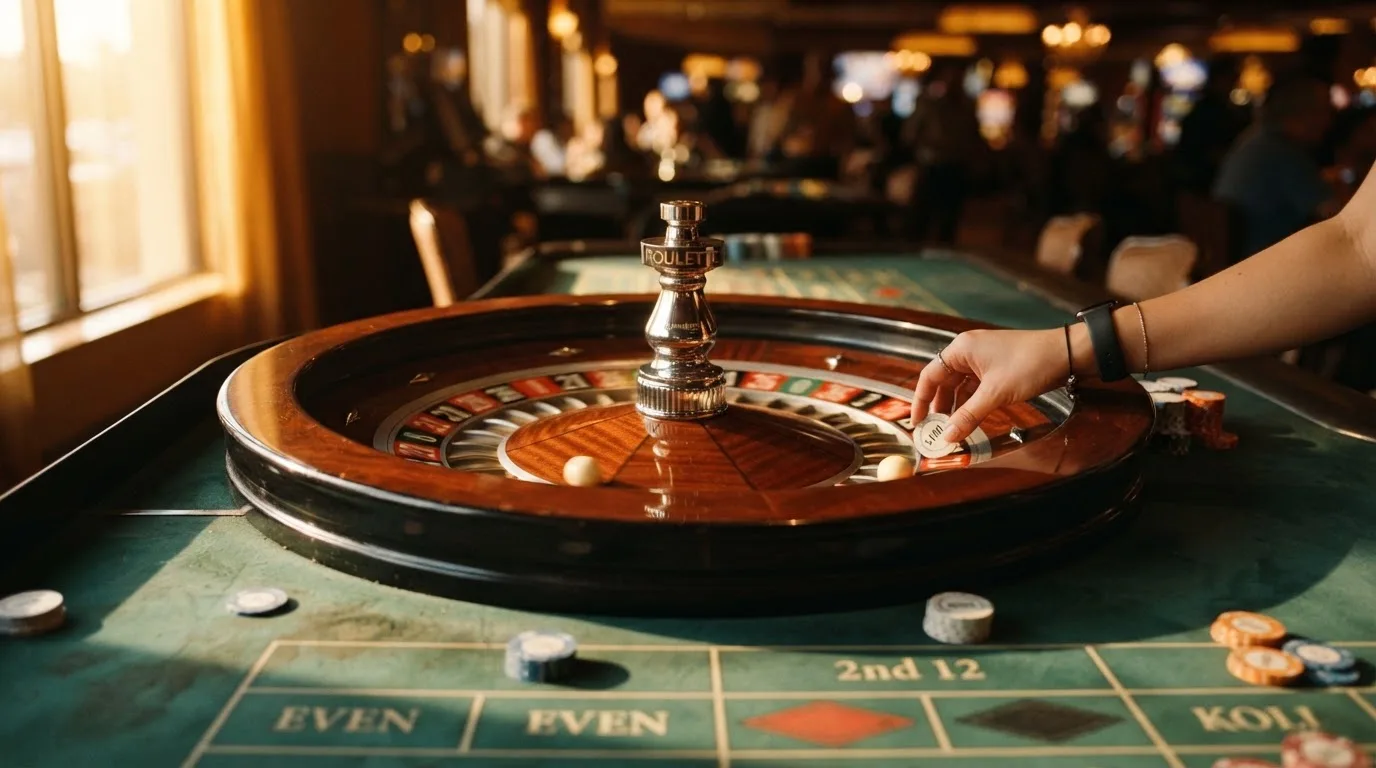 Roda de roleta e fichas sobre feltro verde, sob uma luz quente de fim de tarde — jogos de casino em portugal