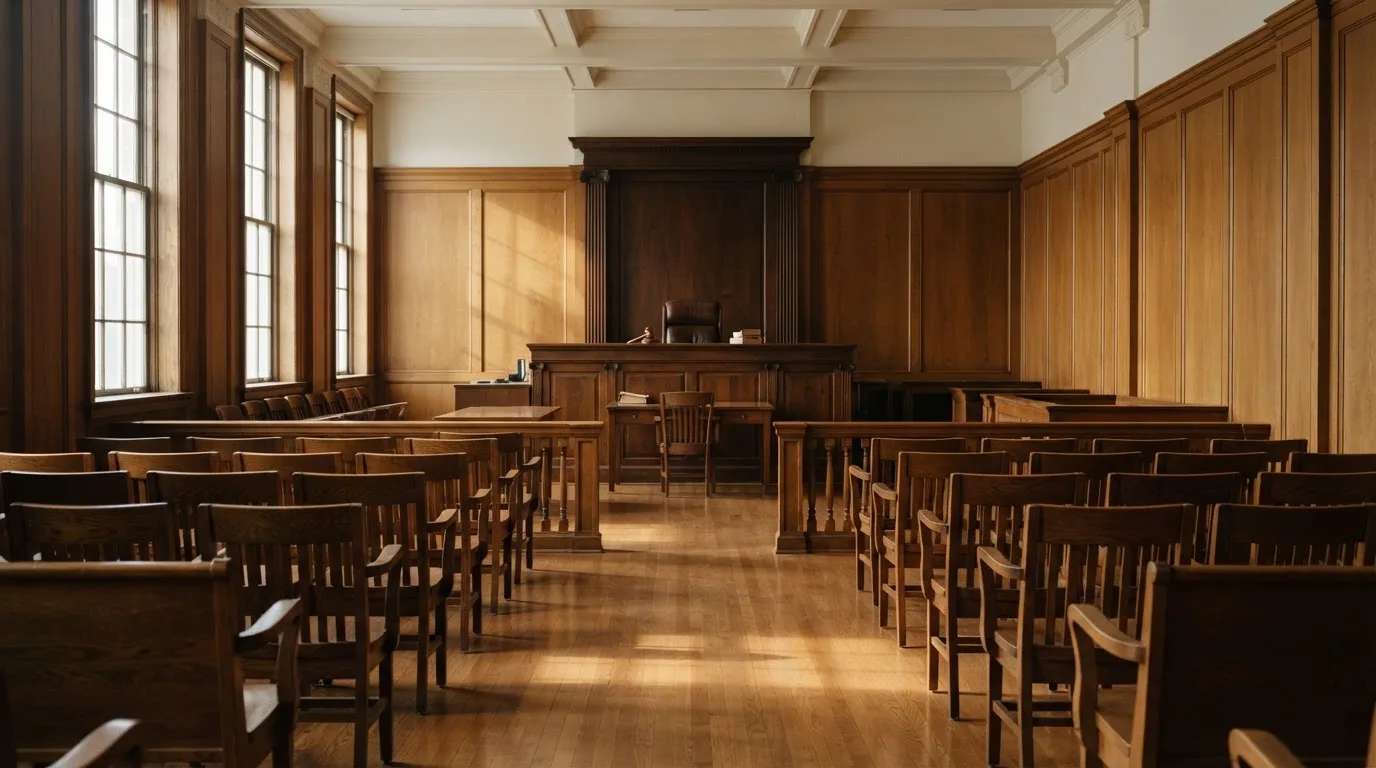 Sala de tribunal vazia com painéis de madeira, à luz da manhã — jogos de casino grátis pt