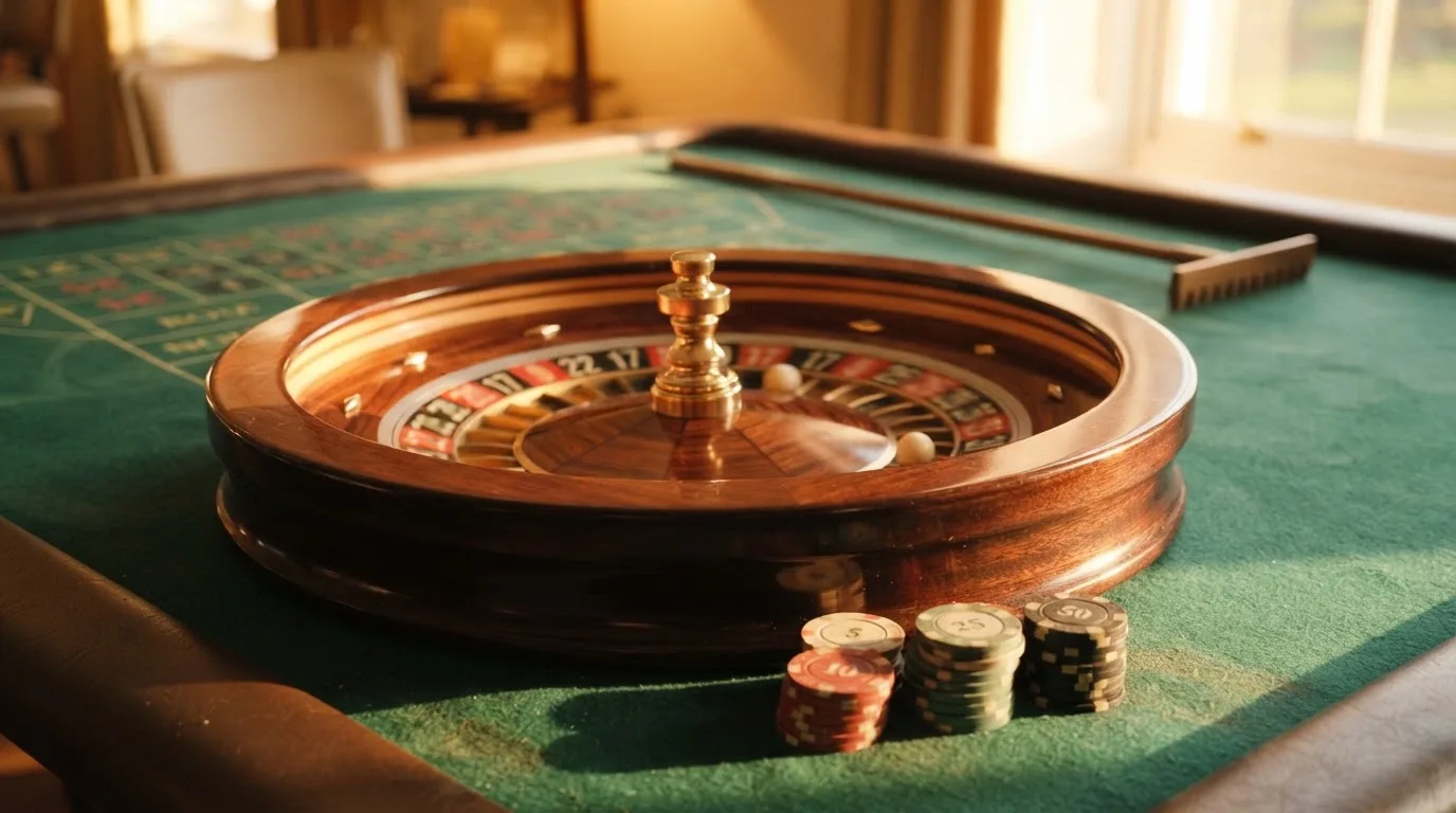 Roda de roleta e fichas sobre feltro verde, sob uma luz quente de fim de tarde — jogos de casino grátis pt