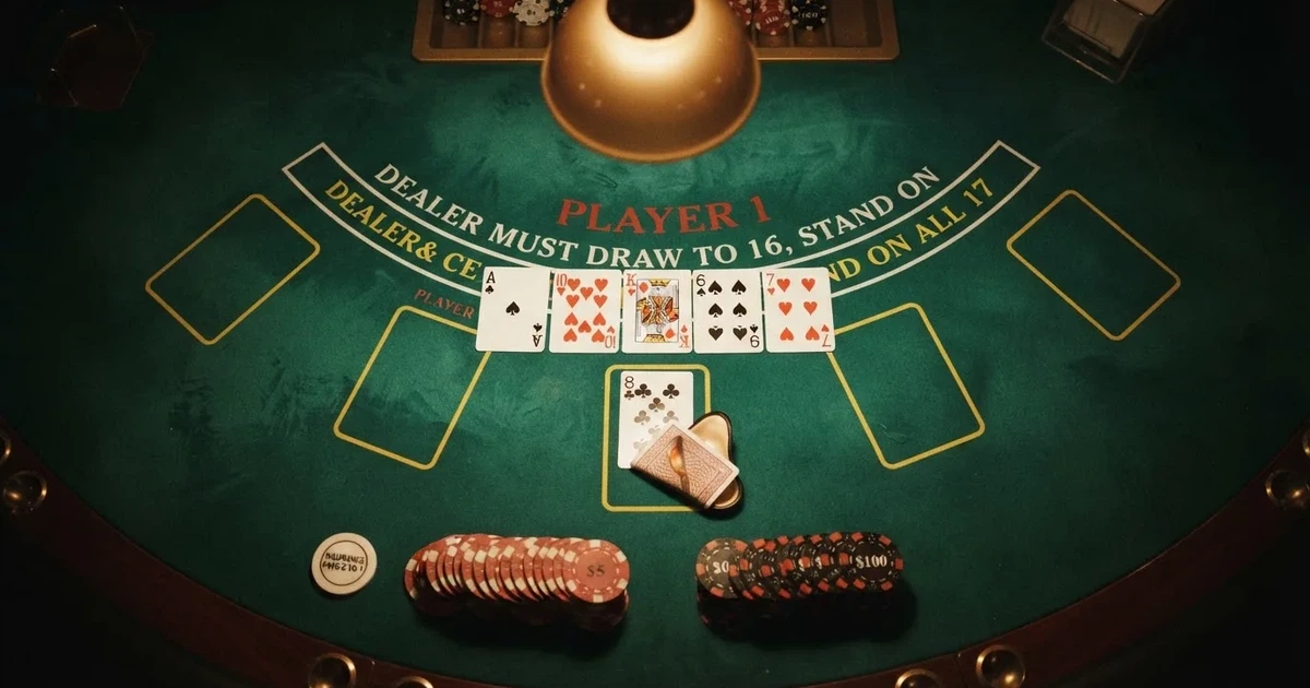 Mesa de jogo iluminada com cartas, vista de cima — jogos de casino grátis pt