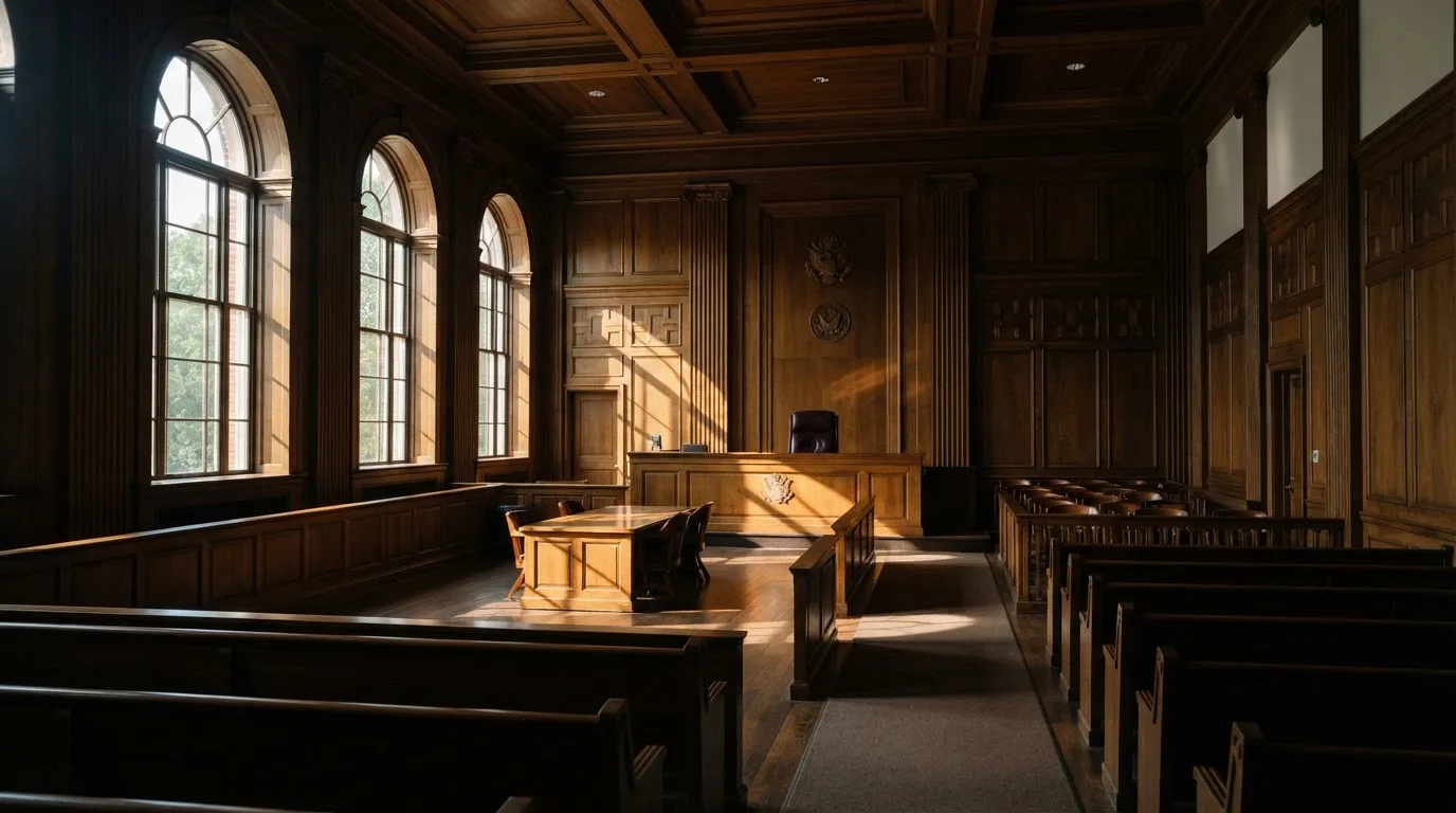 Sala de tribunal vazia com painéis de madeira, à luz da manhã — jogos de cassino em portugal