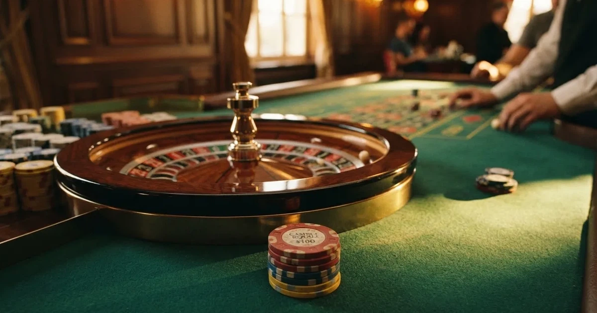 Roda de roleta e fichas sobre feltro verde, sob uma luz quente de fim de tarde — jogos de cassino em portugal