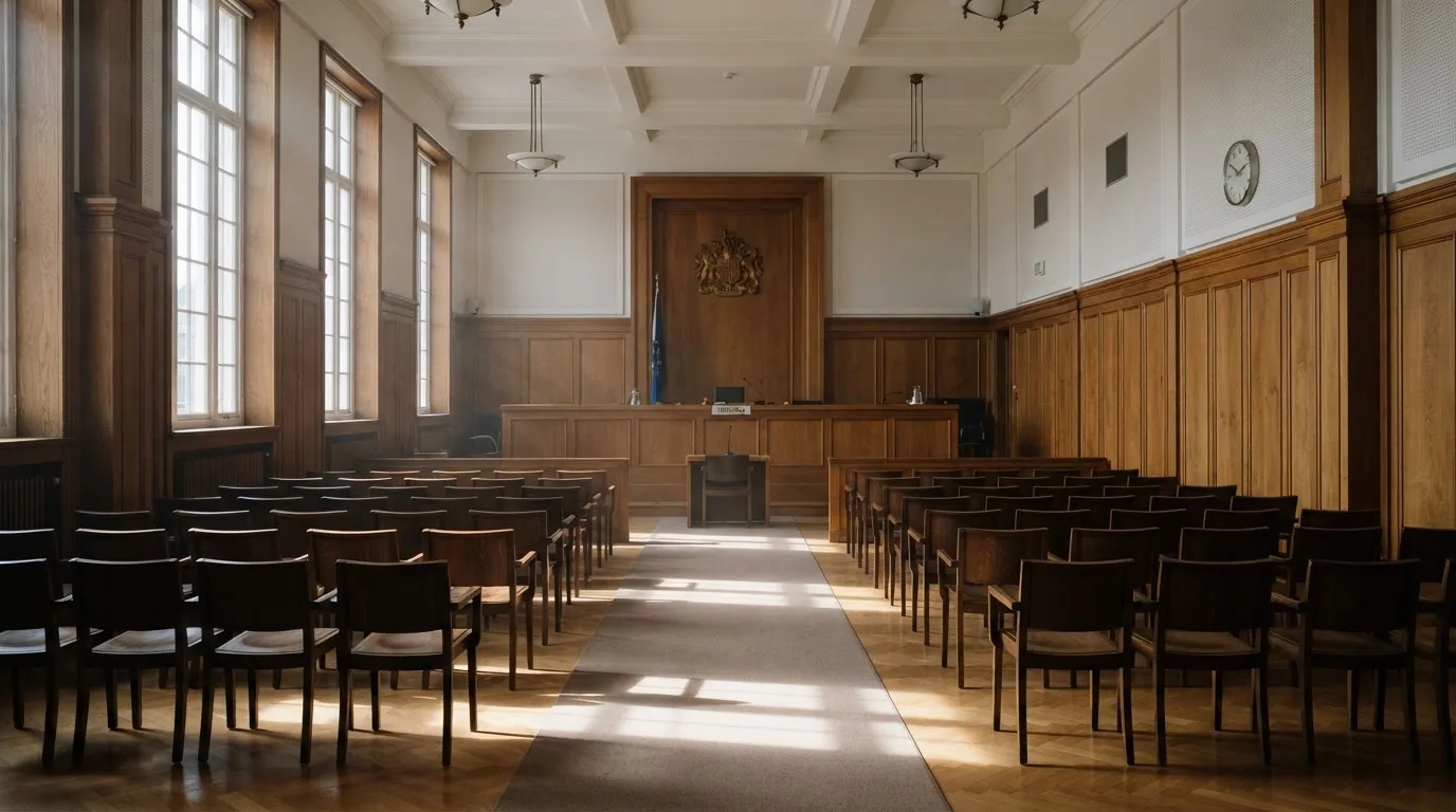 Sala de tribunal vazia com painéis de madeira, à luz da manhã — jogos de roleta em casino pt