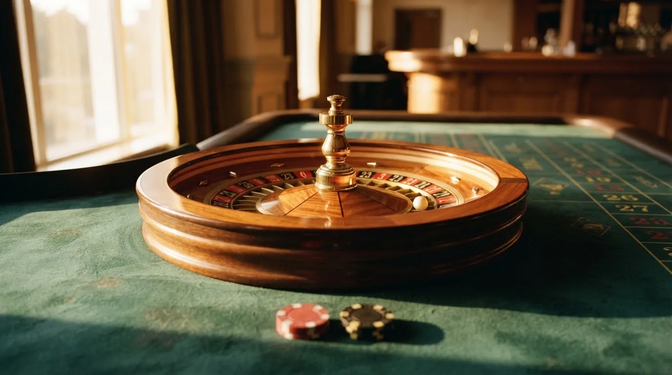 Roda de roleta e fichas sobre feltro verde, sob uma luz quente de fim de tarde — jogos de roleta em casino pt