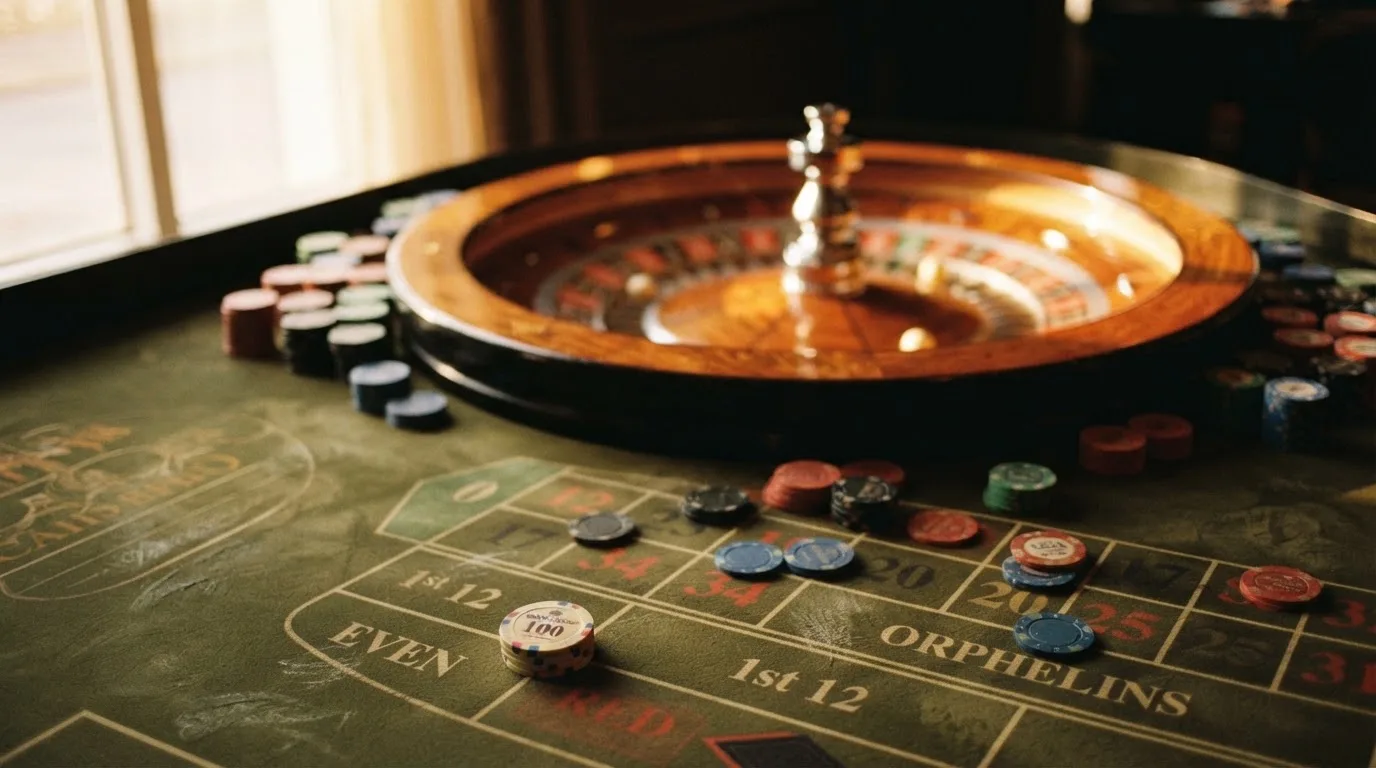Roda de roleta e fichas sobre feltro verde, sob uma luz quente de fim de tarde — jogos de slots em portugal