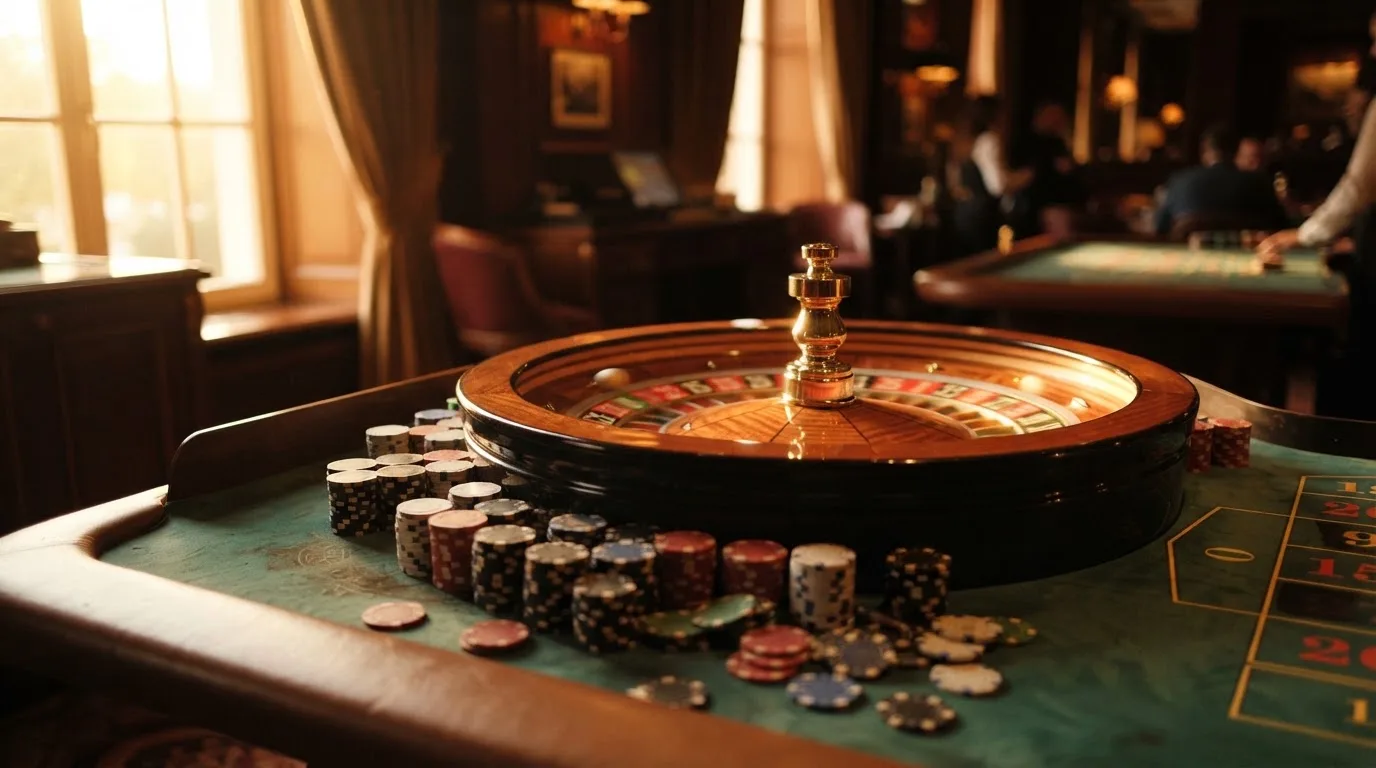 Roda de roleta e fichas sobre feltro verde, sob uma luz quente de fim de tarde — live casinos em portugal