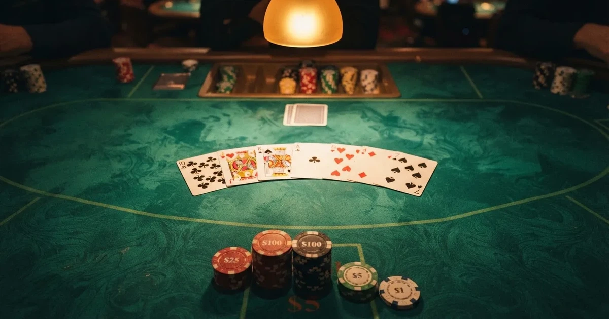 Mesa de jogo iluminada com cartas, vista de cima — live casinos em portugal