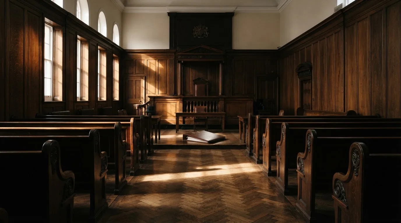 Sala de tribunal vazia com painéis de madeira, à luz da manhã — máquinas de casino em portugal