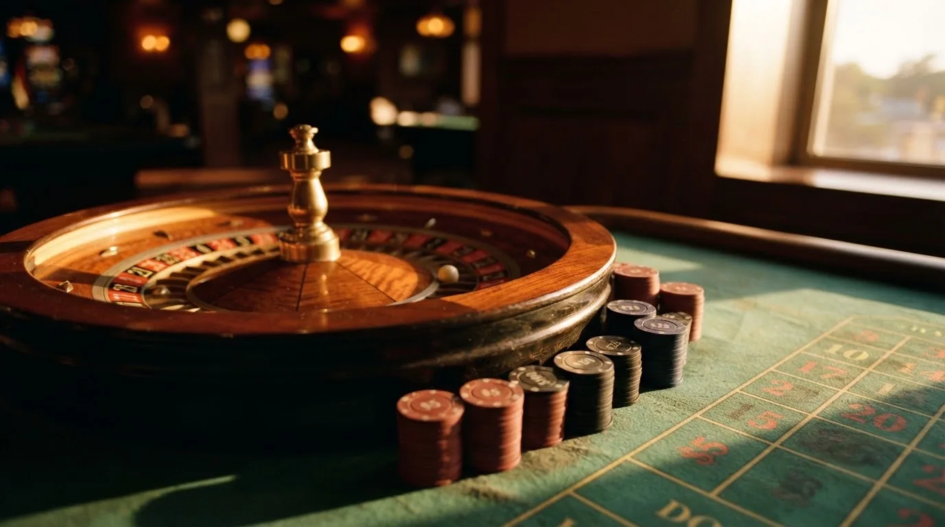 Roda de roleta e fichas sobre feltro verde, sob uma luz quente de fim de tarde — máquinas de casino em portugal