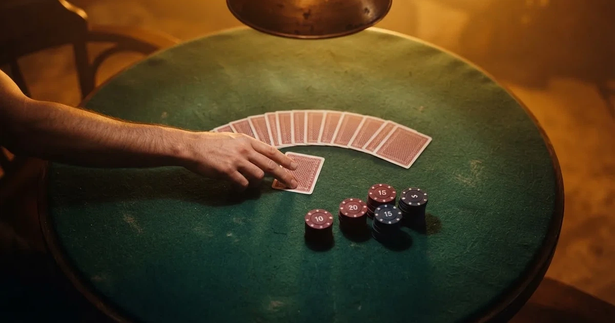 Mesa de jogo iluminada com cartas, vista de cima — máquinas de casino em portugal