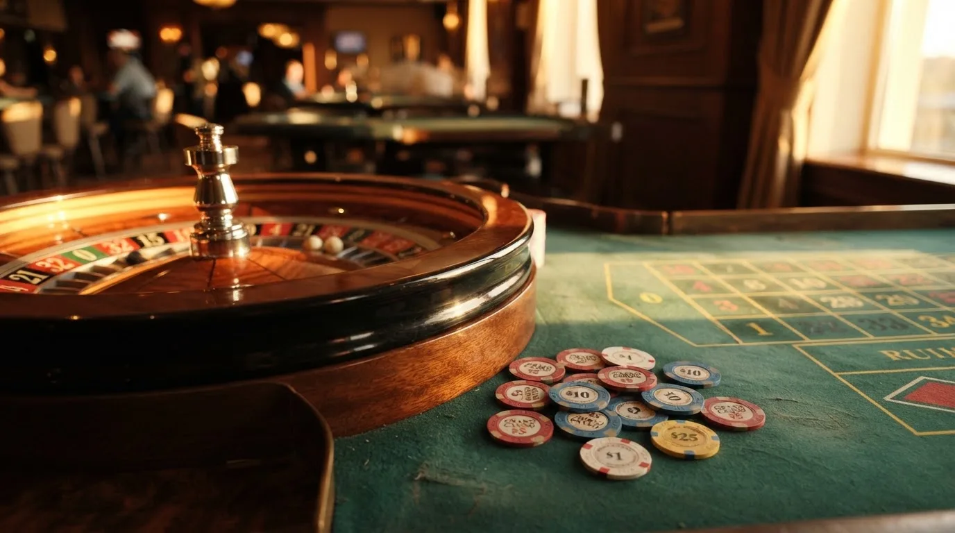 Roda de roleta e fichas sobre feltro verde, sob uma luz quente de fim de tarde — melhor blackjack em portugal