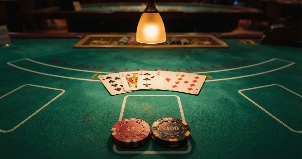 Mesa de jogo iluminada com cartas, vista de cima — melhor blackjack em portugal