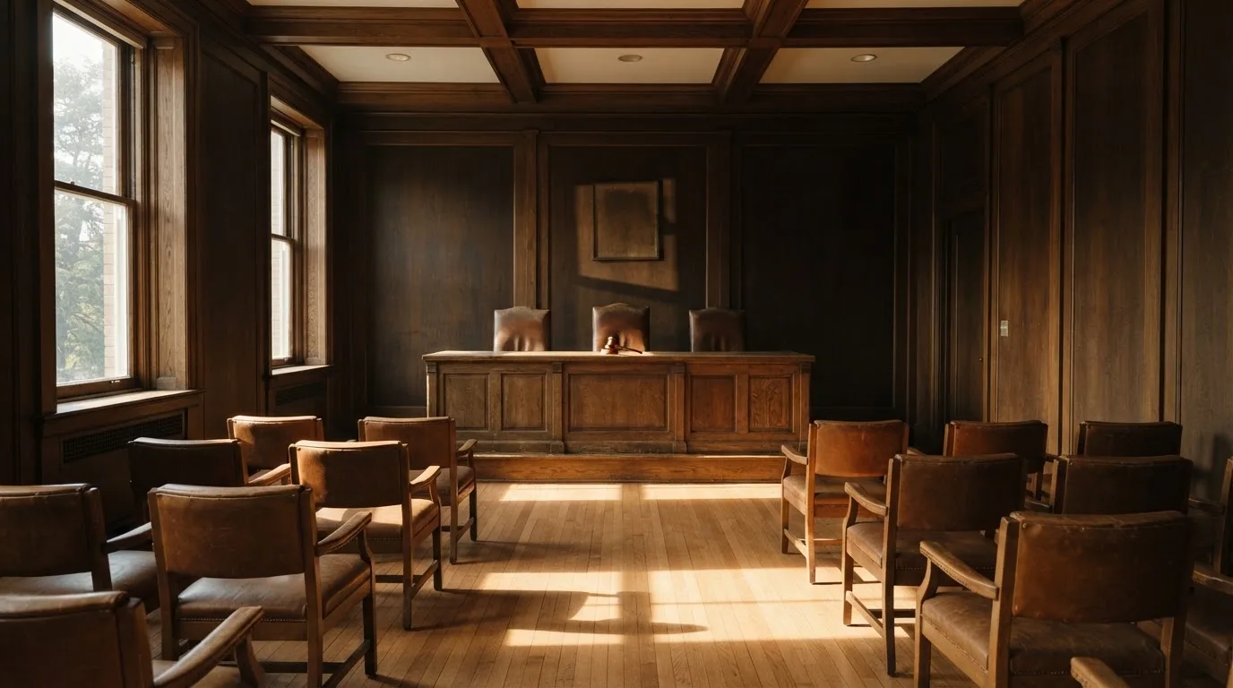 Sala de tribunal vazia com painéis de madeira, à luz da manhã — melhor roleta em portugal