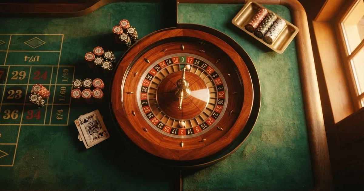 Mesa de jogo iluminada com cartas, vista de cima — melhor roleta em portugal