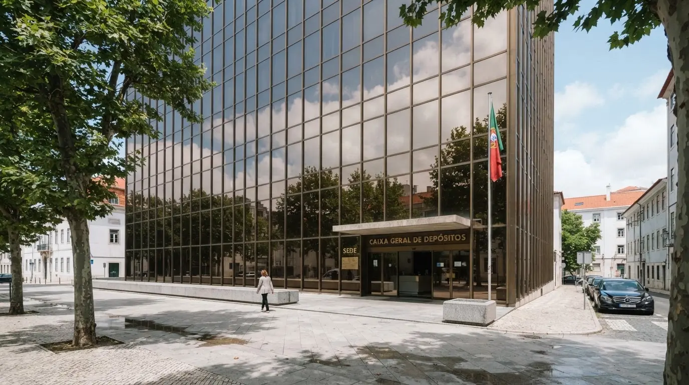 Edifício de escritórios de um organismo público em Lisboa, visto da rua, com vidros espelhados a refletir o céu e uma bandeira.
