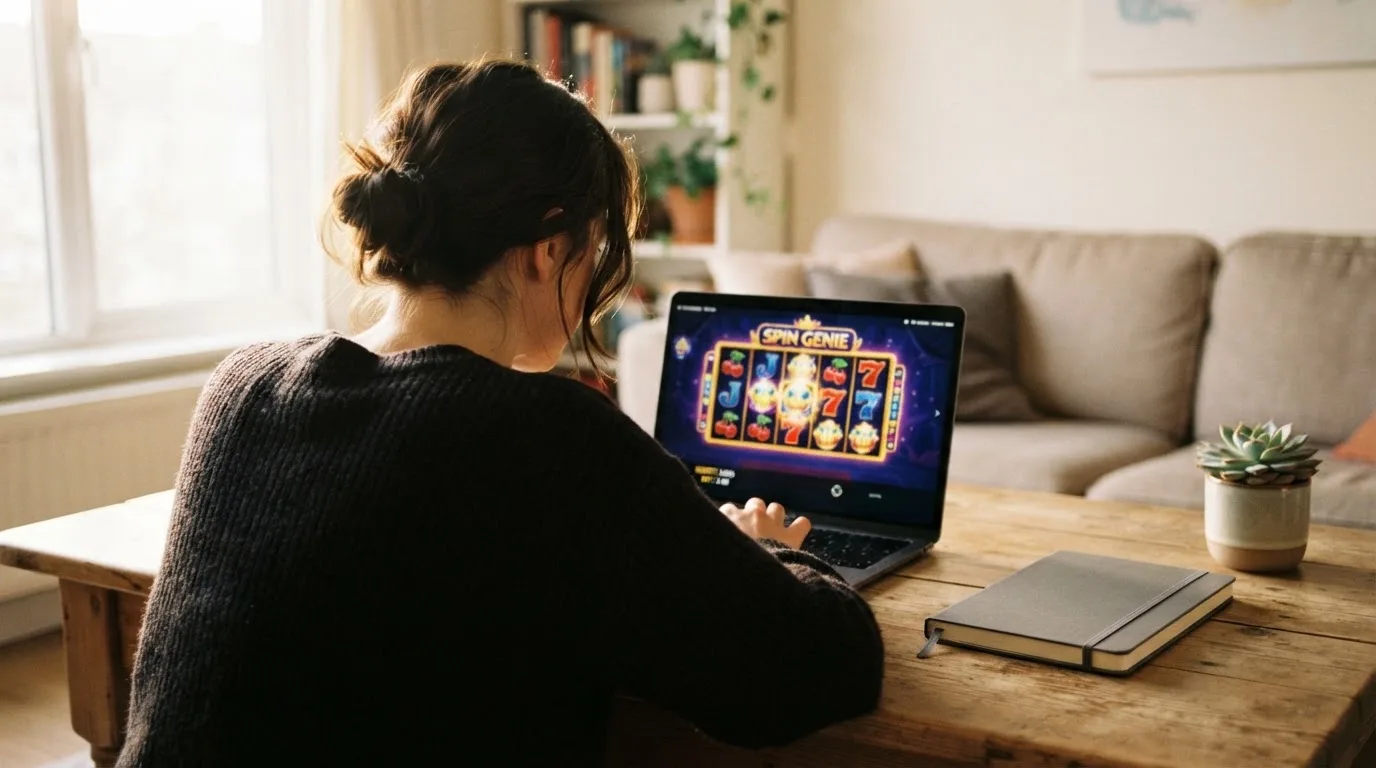 Pessoa a explorar um casino online no portátil numa mesa de sala, com bloco de notas fechado e uma planta ao lado.