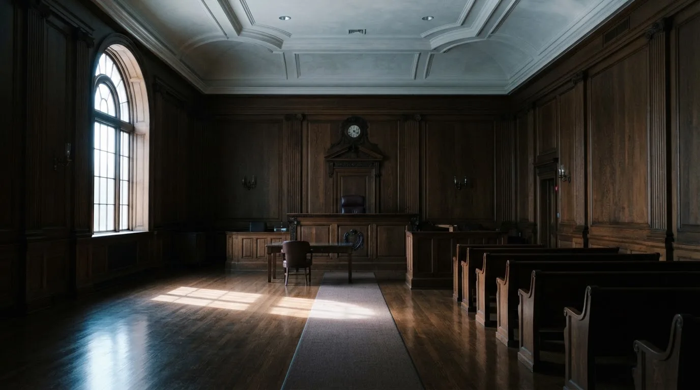 Sala de tribunal vazia com painéis de madeira, à luz da manhã — melhores cassinos em portugal