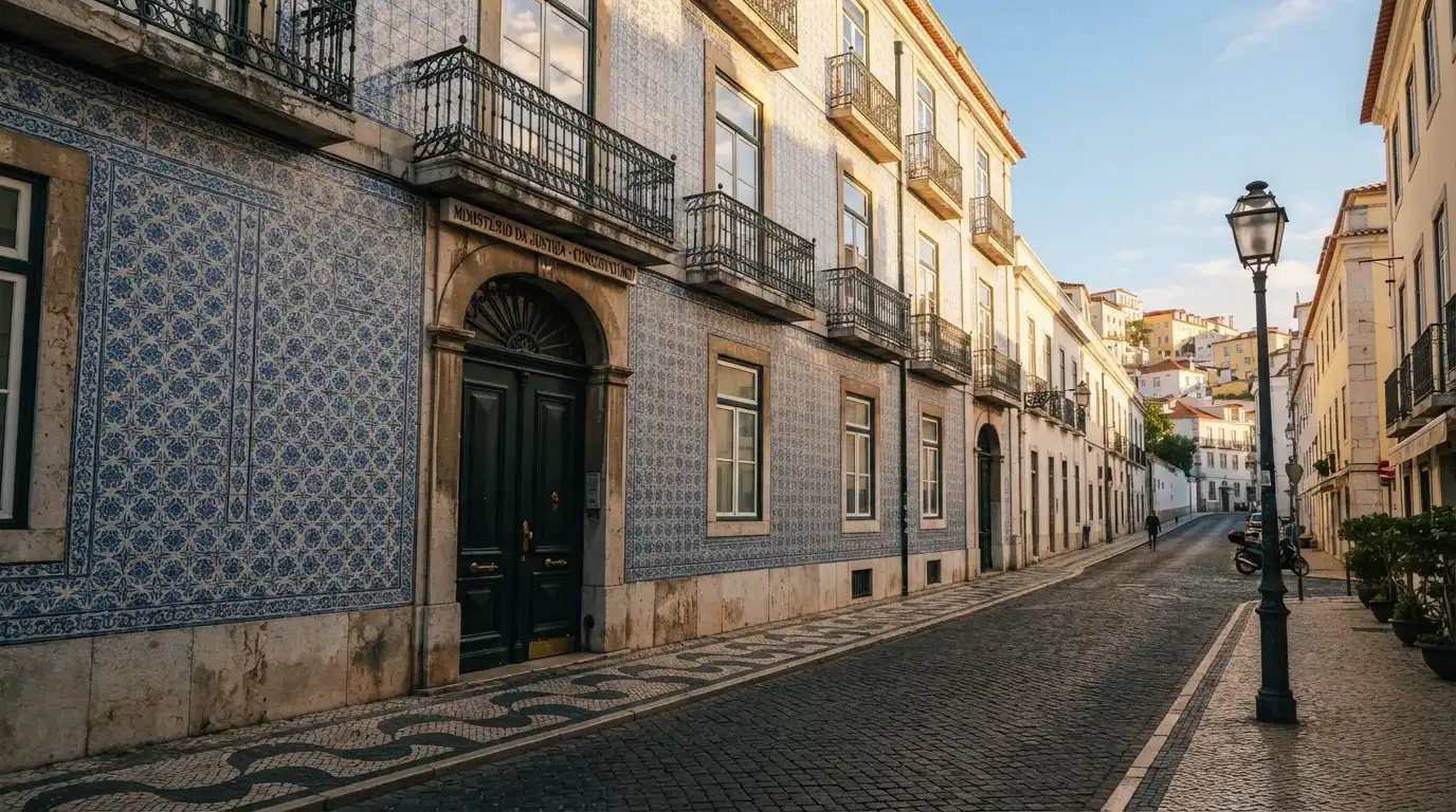 Fachada de um edifício oficial lisboeta com azulejos e portas altas, rua em calçada portuguesa e um candeeiro antigo.