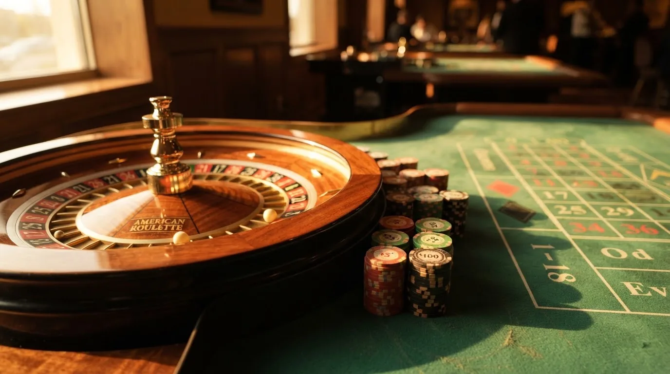 Roda de roleta e fichas sobre feltro verde, sob uma luz quente de fim de tarde — mesas de casino em portugal
