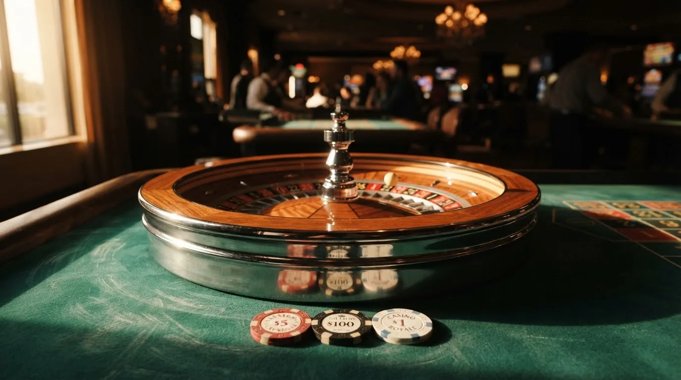 Roda de roleta e fichas sobre feltro verde, sob uma luz quente de fim de tarde — novo casino em portugal