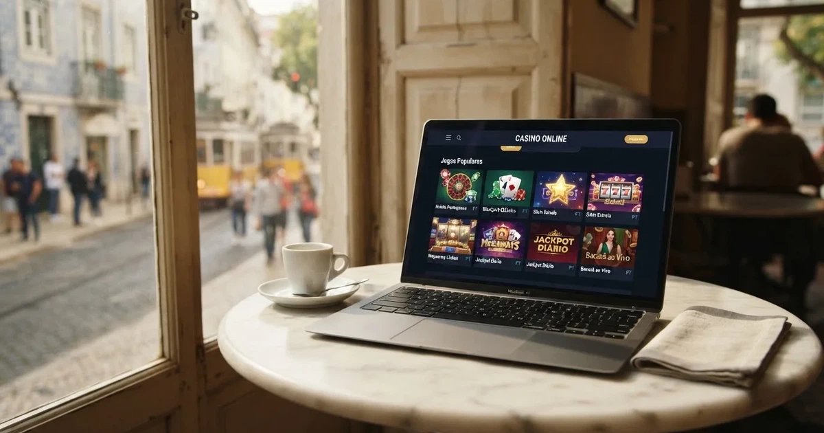 Computador portátil numa mesa de café junto a uma janela virada para a rua — novo casino em portugal