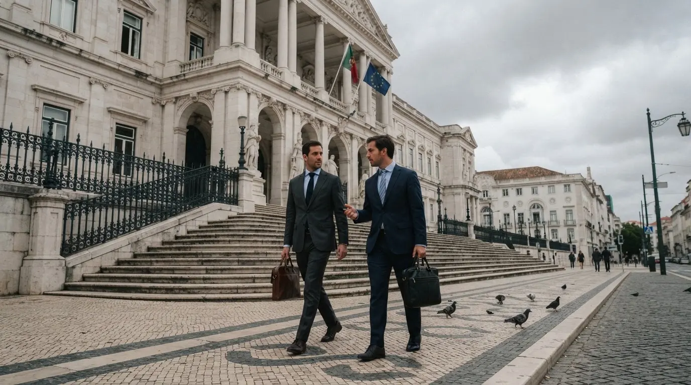 Pessoas de fato a caminhar à frente de um edifício de serviços públicos em Lisboa, com pasta na mão e céu nublado.