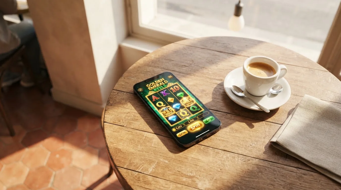 Pessoa a explorar jogos no telemóvel num café, com uma bica na mesa e luz de manhã a entrar pela montra.
