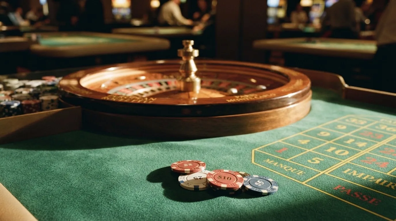 Roda de roleta e fichas sobre feltro verde, sob uma luz quente de fim de tarde — ofertas de casino em portugal
