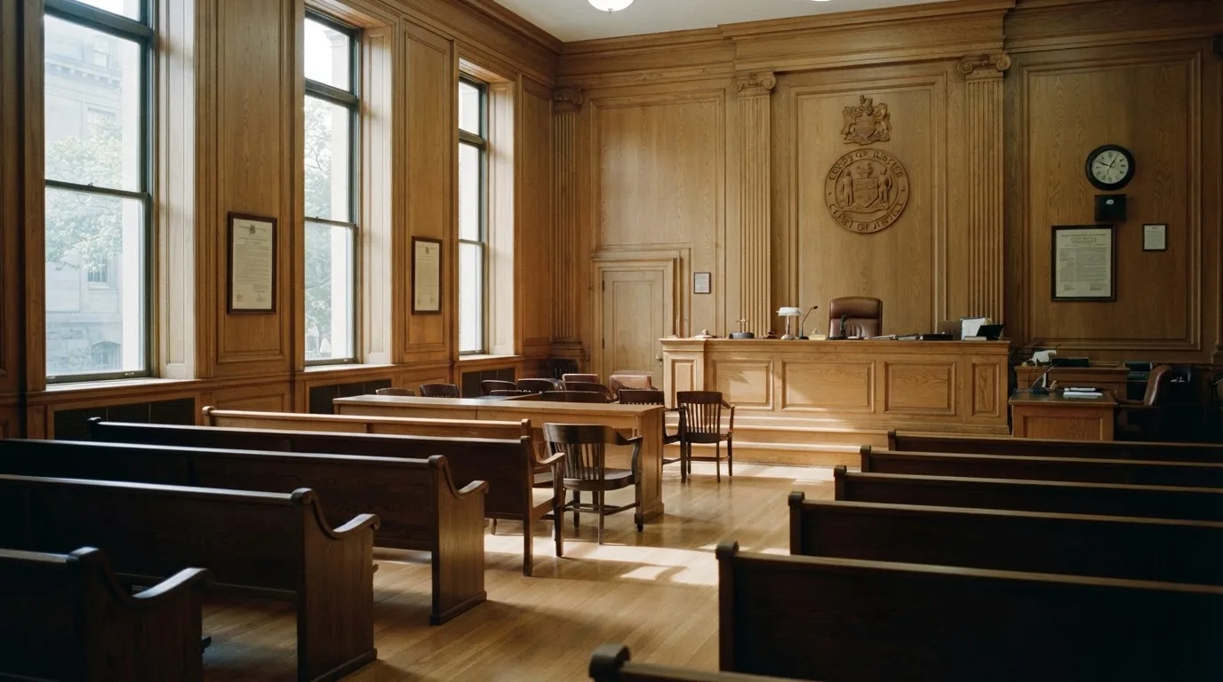 Sala de tribunal vazia com painéis de madeira, à luz da manhã — online casino bónus para os portugueses
