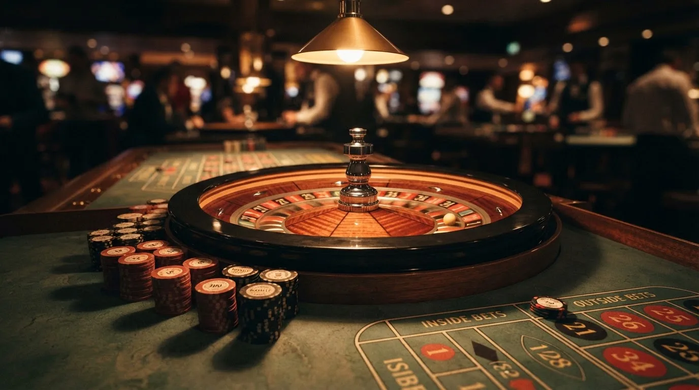 Roda de roleta e fichas sobre feltro verde, sob uma luz quente de fim de tarde — online casino bónus para os portugueses