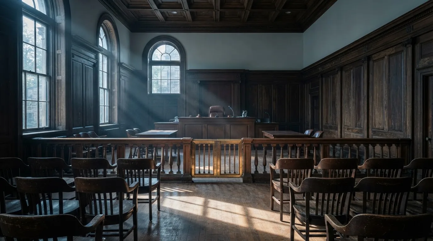 Sala de tribunal vazia com painéis de madeira, à luz da manhã — online casinos em portugal