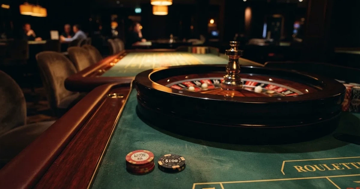 Roda de roleta e fichas sobre feltro verde, sob uma luz quente de fim de tarde — online casinos em portugal