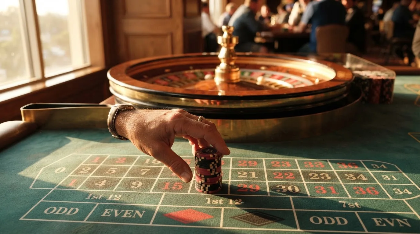 Roda de roleta e fichas sobre feltro verde, sob uma luz quente de fim de tarde — páginas de casino em portugal
